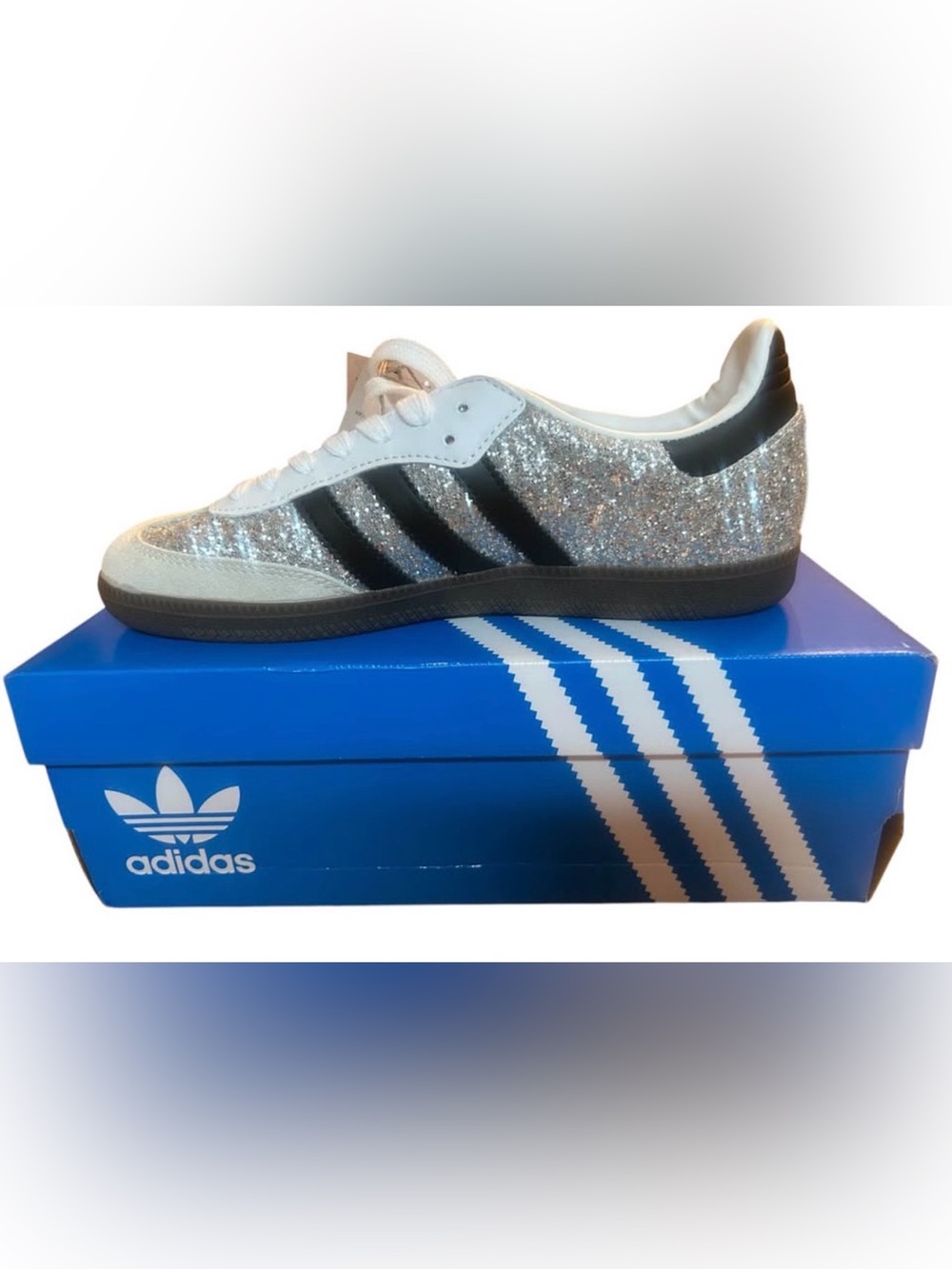 adidas Samba women’s Silver Glitter Sneakers with Black Stripes